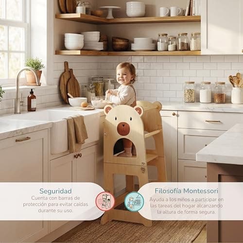 Detalle de Buddy Baby Xperimenta: torre de aprendizaje Montessori de madera maciza (2 en 1) con escritorio y taburete