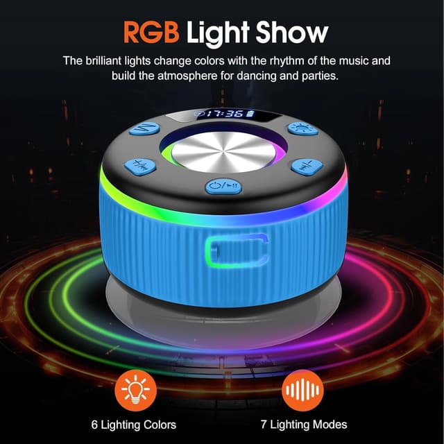 Detalle 2 de PRSCFUM Bluetooth Shower Speaker (IPX7) with LED lights, time display and Bluetooth 5.3