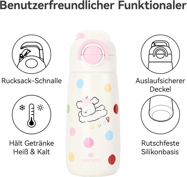Detalle de SANTECO Kinder Thermosflasche mit Strohhalm 500 ml, auslaufsicher, Edelstahl, BPA-frei (rosa Motiv)