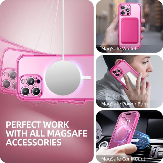 Detalle 2 de BERFY iPhone 16 Pro Max Case with MagSafe + Built-in 9H Tempered Glass Screen Protector (Clear Bright Pink)