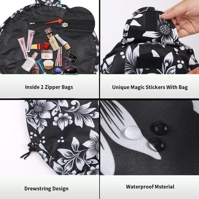Detalle de Lazy Drawstring Makeup Bags (Large Capacity) — Oxford Canvas Waterproof Travel Cosmetic Pouch, Black Floral