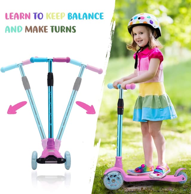 Detalle de 3-Wheel Kids Scooter (Ages 6–12) with Light-Up Wheels, Sturdy Deck, and 4 Height Adjustments