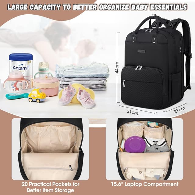 Detalle 2 de RAINSMORE Wickelrucksack Baby Wickeltasche mit Wickelunterlage – Multifunktions-Organizer für unterwegs, schwarz