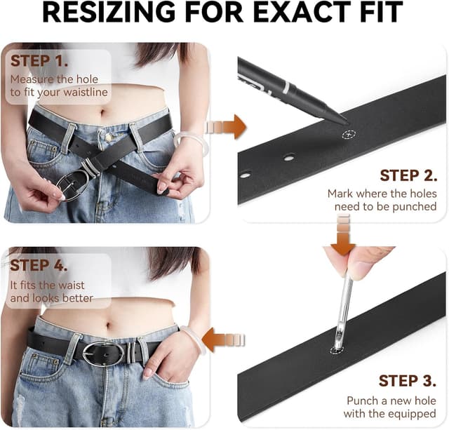 Detalle de BOSTANTEN Ceinture femme en cuir noir à boucle ovale argentée, pour jeans, robes et pantalons