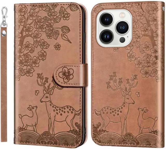 Detalle de Nbziyoo Embossed Deer Floral Flip Wallet Case for iPhone 13 Pro Max (Brown)