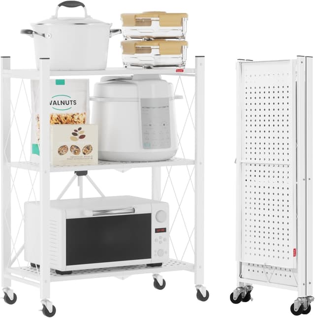 Detalle de DEANIC Klappregal mit 3 Ebenen und Rollen (61 x 85 x 28 cm, weiß) – Metallregal zum Aufbewahren