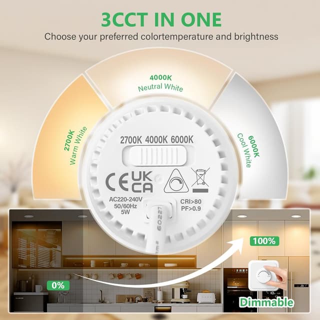 Detalle de GeyouLux LED Einbaustrahler 230V dimmbar 68 mm (6er-Set) mit 3CCT, IP44 und 45° schwenkbar