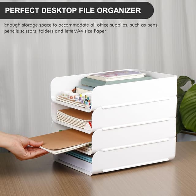 Detalle de Greentainer 4-stöckiger Ablagekorb für A4 aus PET (stapelbar, 4er Set in Weiß)