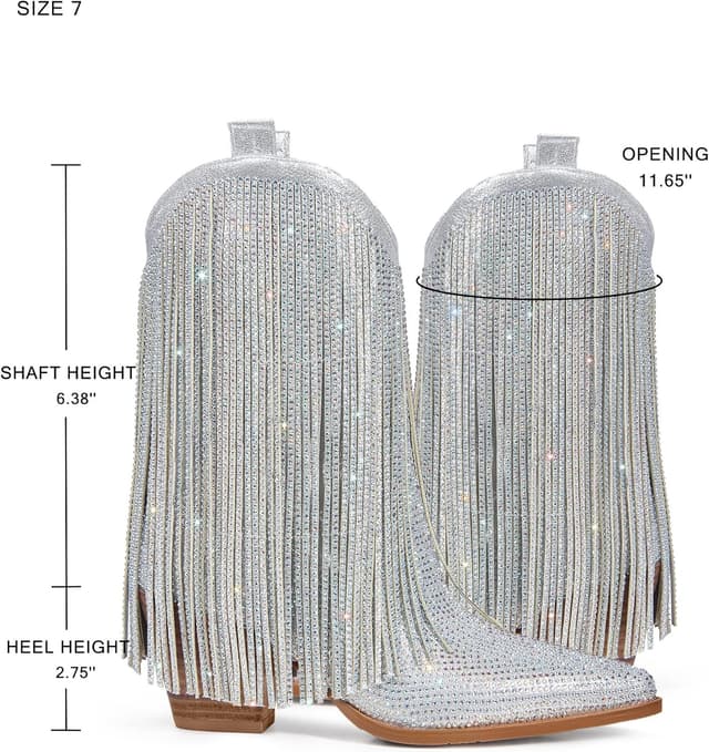 Detalle de Ouepiano Cowboy Boots for Women Western Rhinestone & Sparkly Fringe Pull-On (Wide Calf)