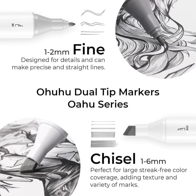 Detalle de Ohuhu Alkohol Marker Grautöne (36 Graustufen) mit Doppelspitze – Nachfüllbar, für Schattierungen & Illustrationen