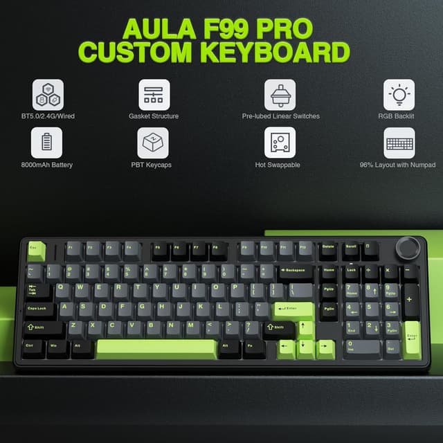 Detalle 2 de AULA F99 Pro Wireless Mechanical Keyboard with Knob (Tri-Mode BT5.0/2.4GHz/USB-C, Hot-Swappable) — Creamy Sound + RGB