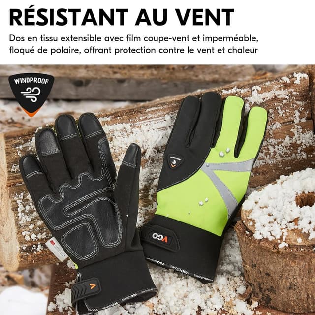 Detalle 1 de Vgo... 2 paires de gants de travail hiver étanches, Thinsulate avec écran tactile (SL8777FW) noir, taille XL