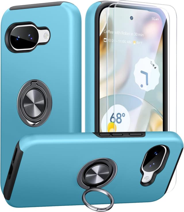 Detalle de AOUIA for Google Pixel 10A Case with 2-Pack Screen Protector and 360° Metal Ring Stand (Sky Blue)