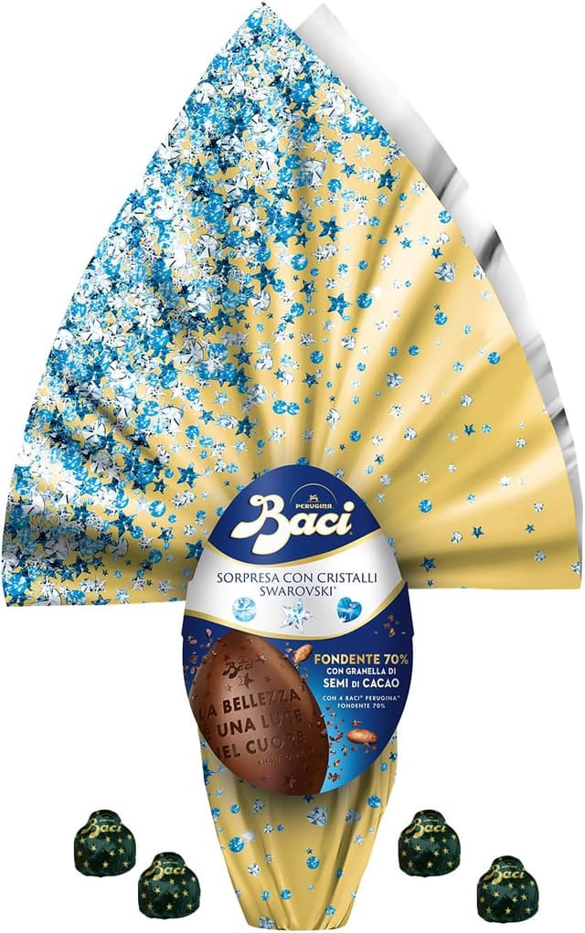 Detalle de Baci Perugina Uovo di Pasqua 2026 Fondente 70% con sorpresa Swarovski e 4 cioccolatini da 310 g