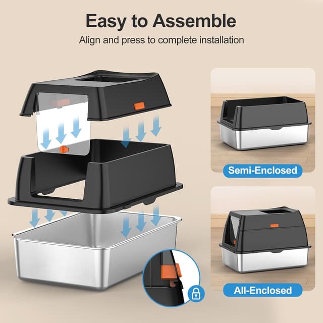 Detalle de Stainless Steel Litter Box with Lid — Extra-Large Enclosed Metal Cat Litter Box (Front Entry / Top Exit) with Scoop & Litter Mat
