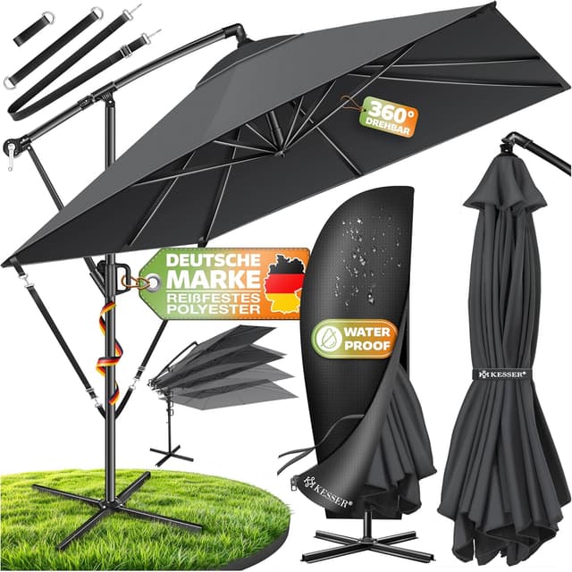 Detalle de KESSER® Kurbelschirm Sonnenschirm 250x250 cm mit Kurbel, 360°-Funktion und UV-/Wasserschutz (Anthrazit)