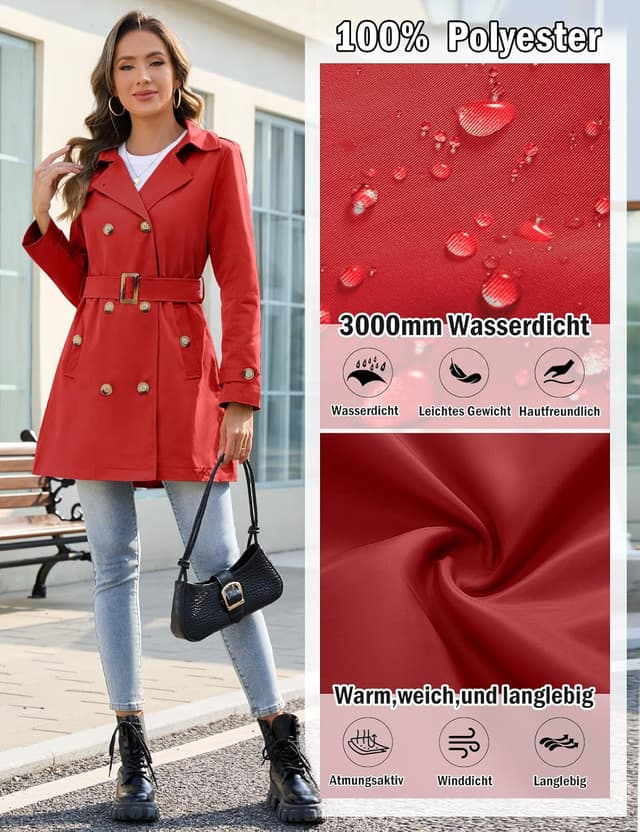 Detalle de Tuopuda Damen Trenchcoat Jacke – wasserabweisender Winter-/Übergangsmantel mit abnehmbarer Kapuze