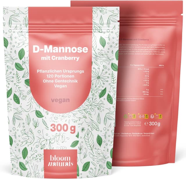 Detalle de D-Mannose Pulver mit Cranberry (300 g) – hochdosiert, löslich in Wasser, vegan, laborgeprüft (produziert in Deutschland)