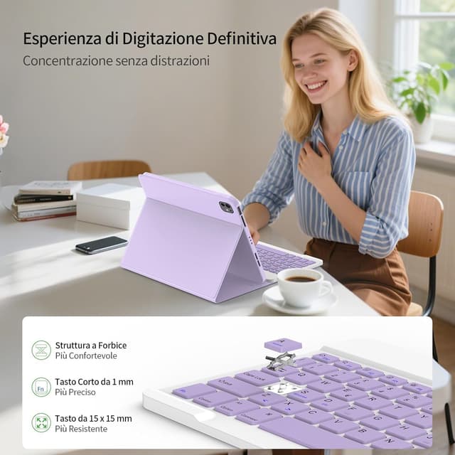 Detalle de TQQ Cover con Tastiera per iPad Air 11 pollici (M3 2025 e M2 2024) / iPad Air 5ª-4ª Gen / iPad Pro 11 pollici: tastiera Bluetooth staccabile QWERTY italiano
