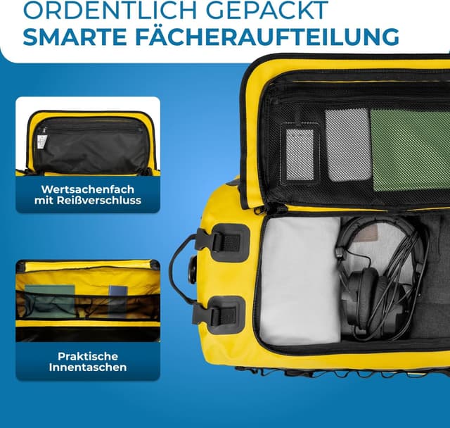 Detalle 2 de STYNGARD Reisetasche wasserdicht mit Rucksackfunktion „Hamburg“ (60 l) – 3in1 Duffle Bag, gelb