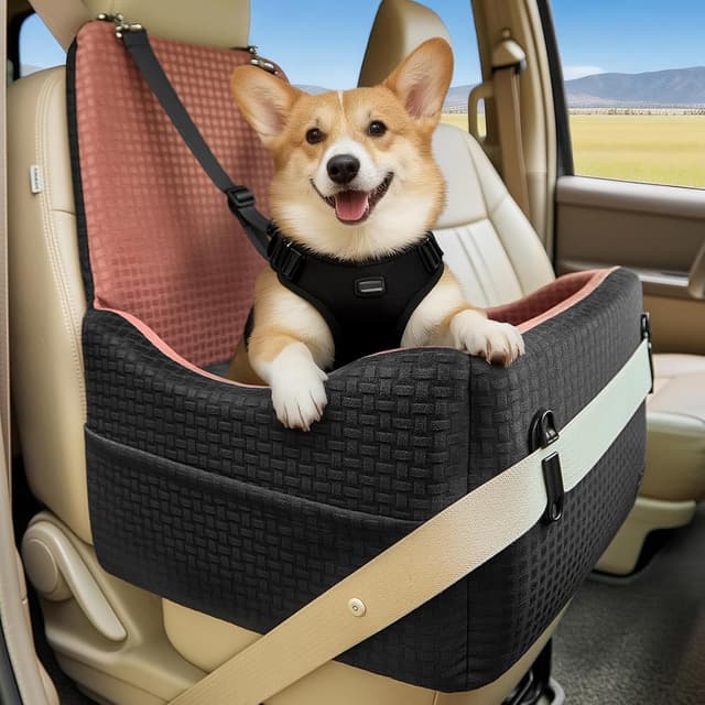 Detalle de PETSFIT Autositz für kleine bis mittelgroße Hunde bis 15 kg – Sicherheitsgurt-System, 15 cm Erhöhung, waschbar (Schwarz & Braun)