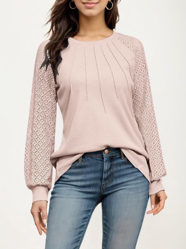 Detalle 2 de Timuspo Spitzen Oberteil Damen aus Waffelstrick – Rundhals Tunika mit langen Ärmeln