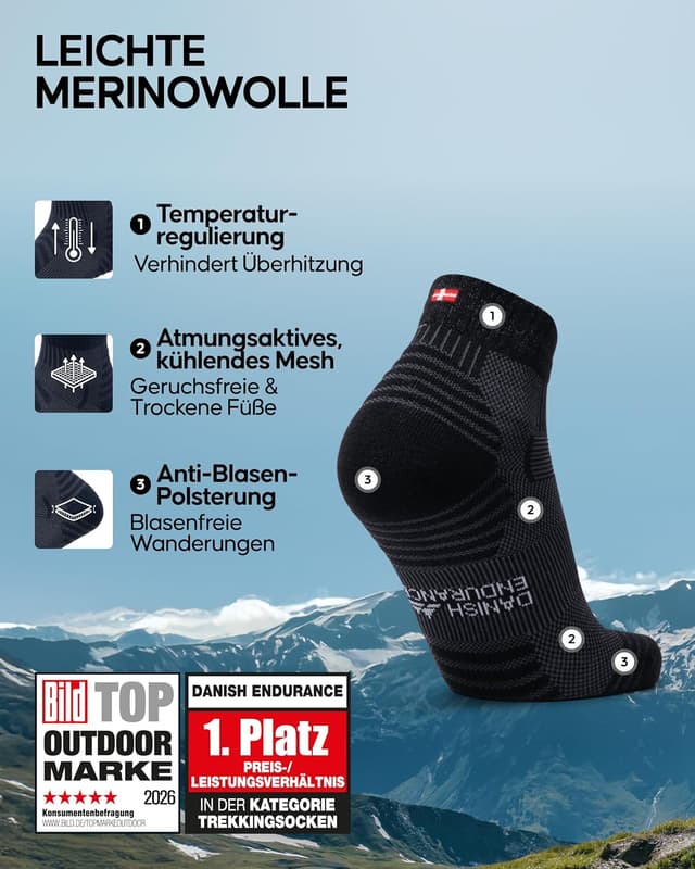 Detalle de DANISH ENDURANCE Kurze Merino Wandersocken mit leichtem Polster (3 Paar) – unisex