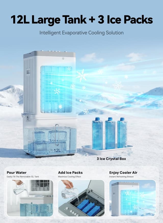 Detalle de Portable Air Conditioner 4-in-1 Evaporative Air Cooler Fan with 12L Tank, 3 Ice Packs & Quiet 46dB