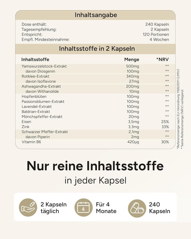 Detalle 1 de 12fach Meno Komplex Wechseljahre Kapseln – Hormon Balance Frauen mit Yamswurzel, Rotklee, Mönchspfeffer, Ashwagandha & Vitamin B6