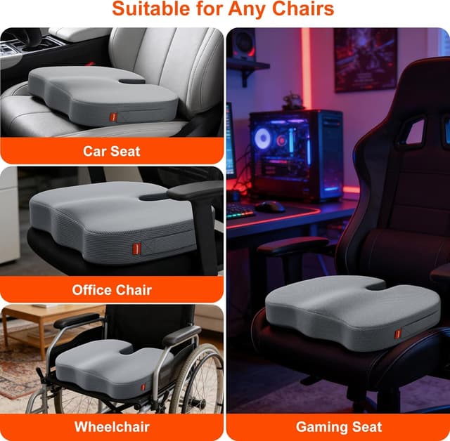 Thumbnail 6 de inaepeak Sitzkissen mit Memory-Schaum (46 × 40 × 8,5 cm) – reduziert Sitzdruck, waschbarer Bezug, für Büro & Auto, Grau