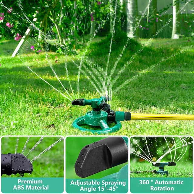 Detalle de ENJSD Garden Sprinkler – Automatic 360° Rotating 3-Arm Lawn Irrigation Sprinkler