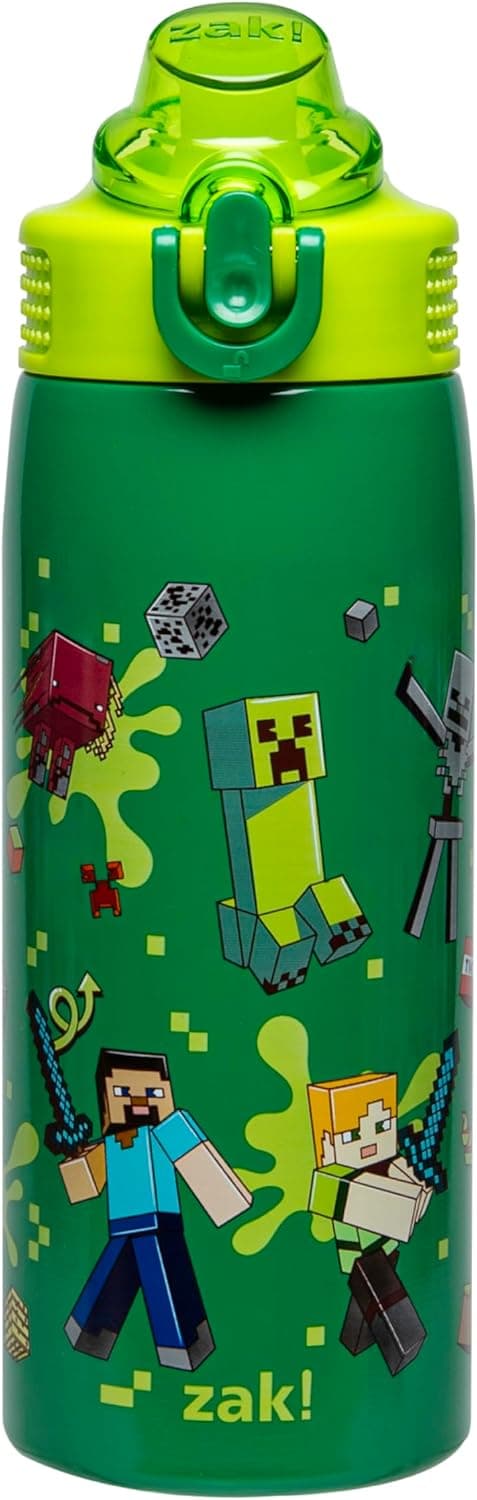 Detalle de Zak Designs Minecraft Kids Water Bottle (19oz) — Stainless Steel Straw Bottle With Handle & Leak-Proof Spout Cover