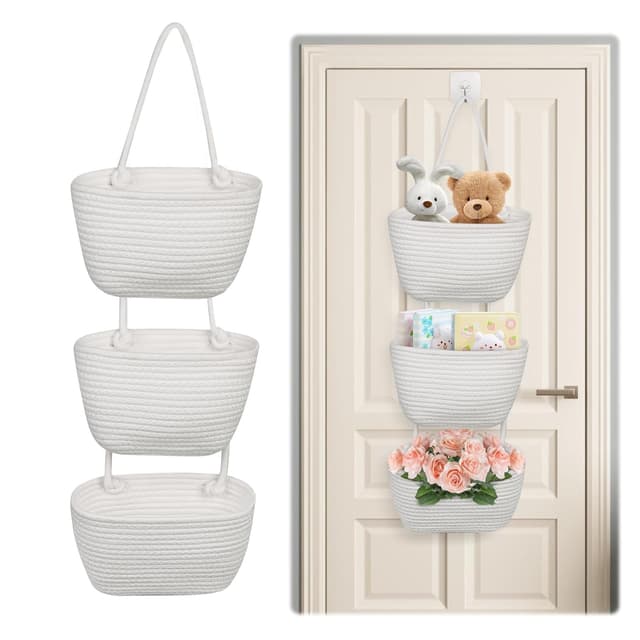 Detalle de 3-stufiger Über-Tür Wandspeicherkorb aus gewebtem Baumwollseil (Weiß) – dreifach nutzbar zum Aufhängen