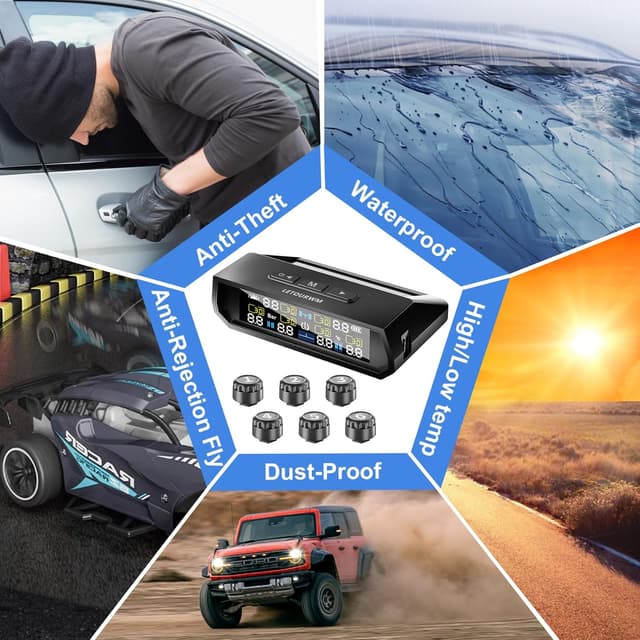 Detalle de LET0URWM RV Tire Pressure Monitoring System (TPMS) 2025 Upgrade with 6 Sensors, Solar + USB-C, LCD Display, 0-9.9 BAR / 144 PSI