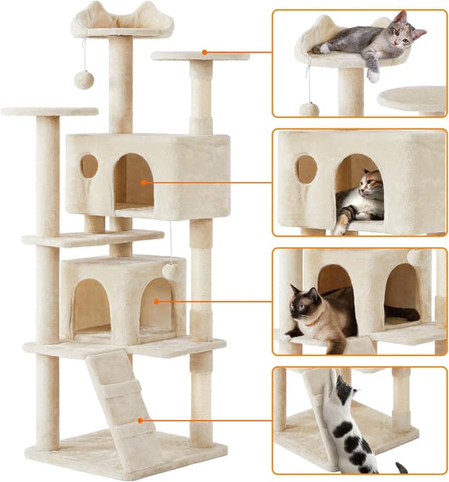 Detalle de Yaheetech Cat Tree (178cm) with Scratching Posts, 2 Condos, Perched Platforms & Dangling Balls – Beige