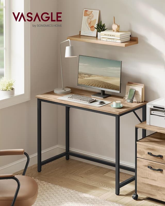 Detalle 2 de VASAGLE Computertisch LWD041K01 (100 x 50 x 76 cm) in Kamelbraun/Schwarz – stabiler Bürotisch fürs Arbeitszimmer
