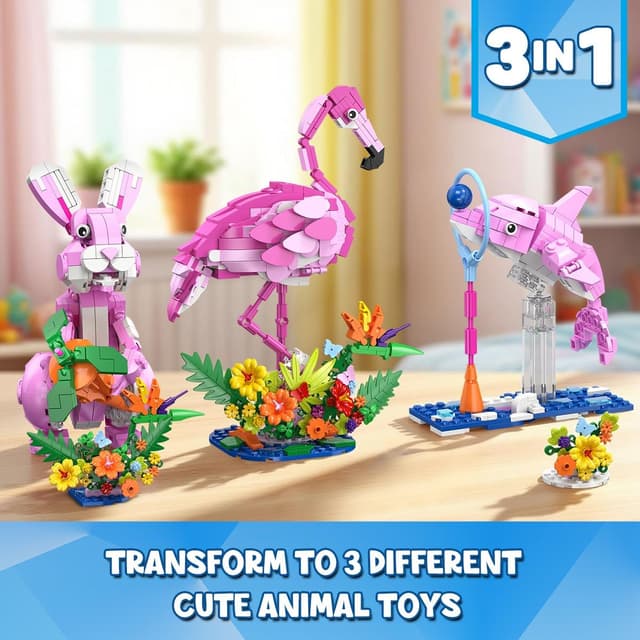Thumbnail 6 de HOGOKIDS 3 in 1 Pink Bunny Building Set (558PCS) – Flamingo, Bunny or Dolphin