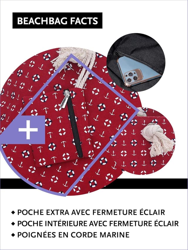 Detalle de DonDon Grand sac de plage imperméable avec fermeture éclair et bandoulière