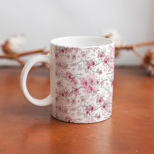 Detalle 2 de 11 oz White Ceramic Mug with Fade-Resistant Almond Blossom Pattern – Dishwasher Safe, Anti-Tip