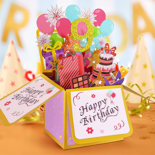 Thumbnail 6 de Hierein 9th Birthday Pop Up Card (Pink) – 3D Golden “9” for a 9 Year Old Girl