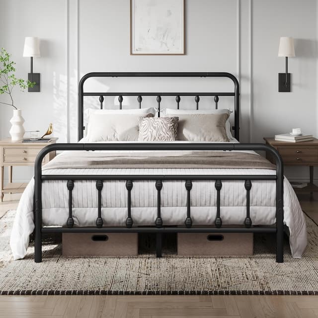 Detalle de Yaheetech 4ft6 Double Vintage Iron Platform Bed with High Headboard & Storage, Black
