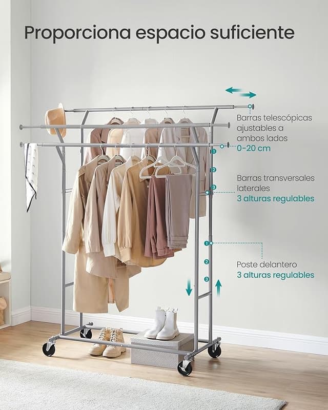 Detalle 1 de SONGMICS Perchero con Ruedas, Regulable, Gris Paloma 🚶