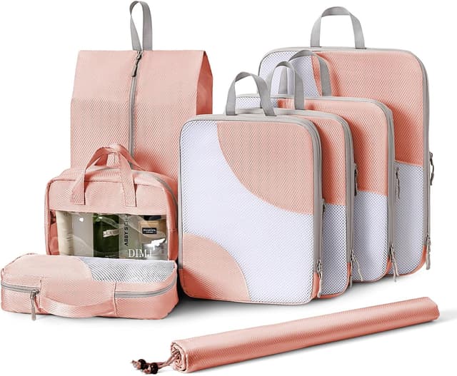 Detalle de DIMJ Compression Packing Cubes (8 Pack) with Double Zipper, Waterproof Nylon Suitcase Organiser Bags – Pink