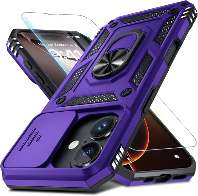 Detalle de Janmitta Case for iPhone 14 & iPhone 13 with Slide Camera Lens Cover, Kickstand & Tempered Glass Screen Protector (Purple)