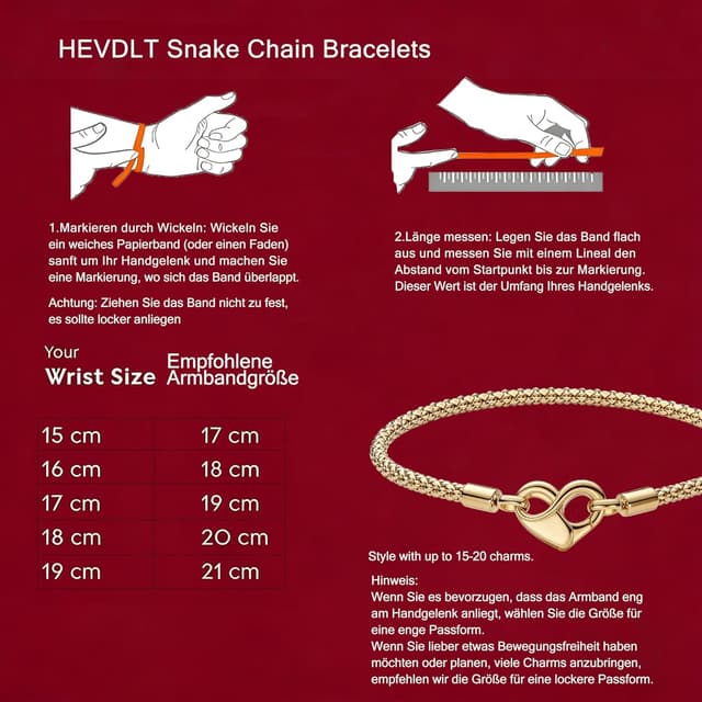 Detalle de Hevdlt Goldfarben Damenarmband aus 925er Sterlingsilber (Moments-kompatibel) – je nach Umfang von 17 bis 21 cm