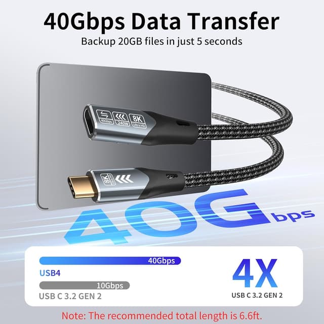 Detalle 2 de USBC Kabel Verlängerung kompatibel mit Thunderbolt 4 (USB 4/USB 4.8K@60Hz, 40 Gbps, 240 W, 1 m) – USB-C Stecker auf Buchse