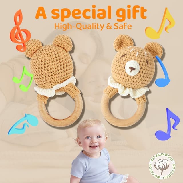 Detalle de Vicloon Sonaglio Neonati in Legno Montessori 0+ mesi (Orso, anello in faggio)