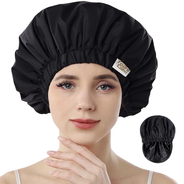 Detalle de Years Calm wiederverwendbare wasserdichte Duschhaube für Frauen (schwarz) – 2-lagig & reisefreundlich