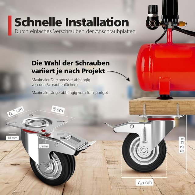 Detalle 2 de RAVN HAMAN 4er Set Transportrollen 75 mm mit Bremse (Vollgummi, bis 50 kg pro Rad)