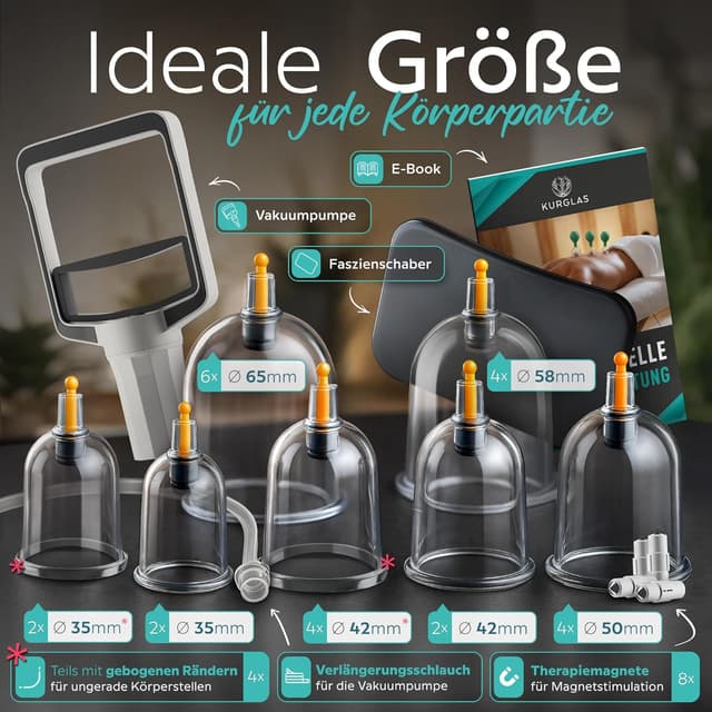 Detalle 2 de KURGLAS Schröpfgläser mit Vakuumpumpe (24 Stück) – Schröpfset aus Kunststoff mit Therapiemagneten & Faszienschaber